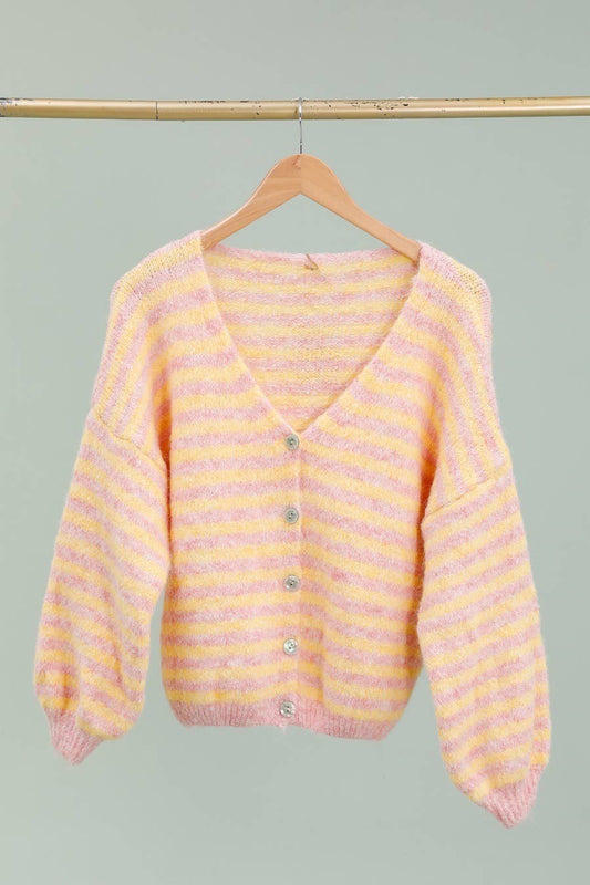 Gestreifte Strickjacke 51062: Rosa / Gelb