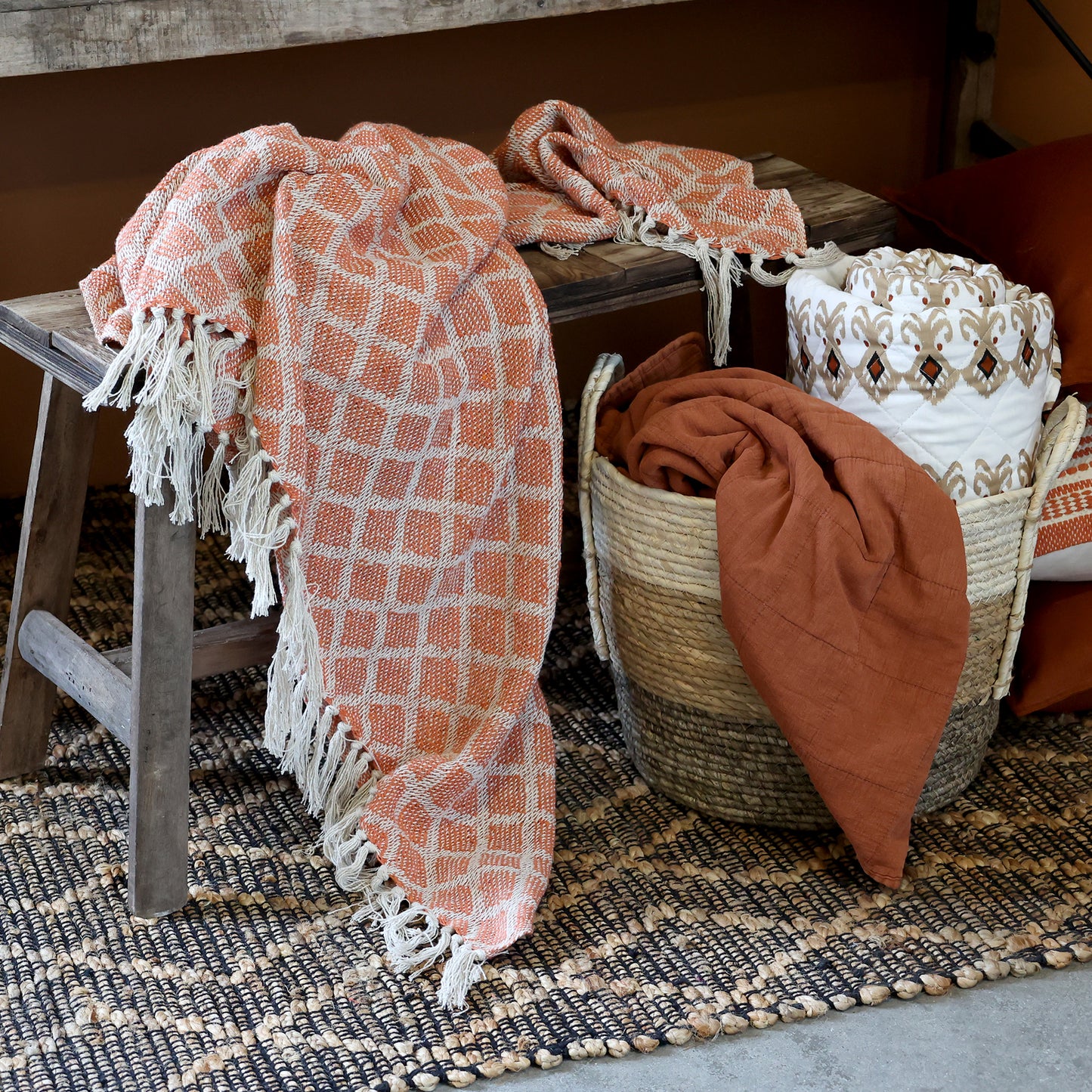 Decke aus Garnüberschuss terracotta 150x130cm