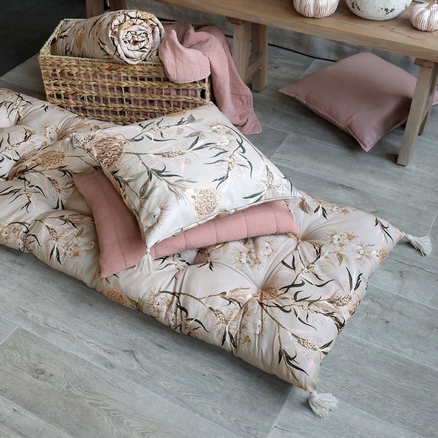 Matratze/Auflage mit Blumenmuster taupe 180x70 cm