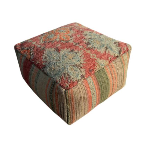 Pouf tuffed wool with filler. Red orange with stribes in the side.