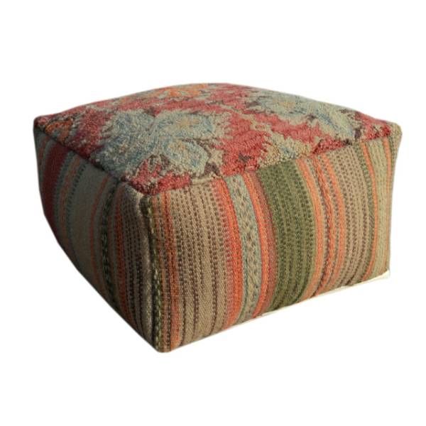 Pouf tuffed wool with filler. Red orange with stribes in the side.