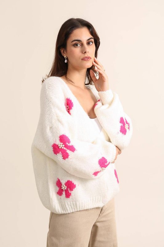 Strickjacke mit Schmetterlingsmuster und Perlenbesatz Weiß