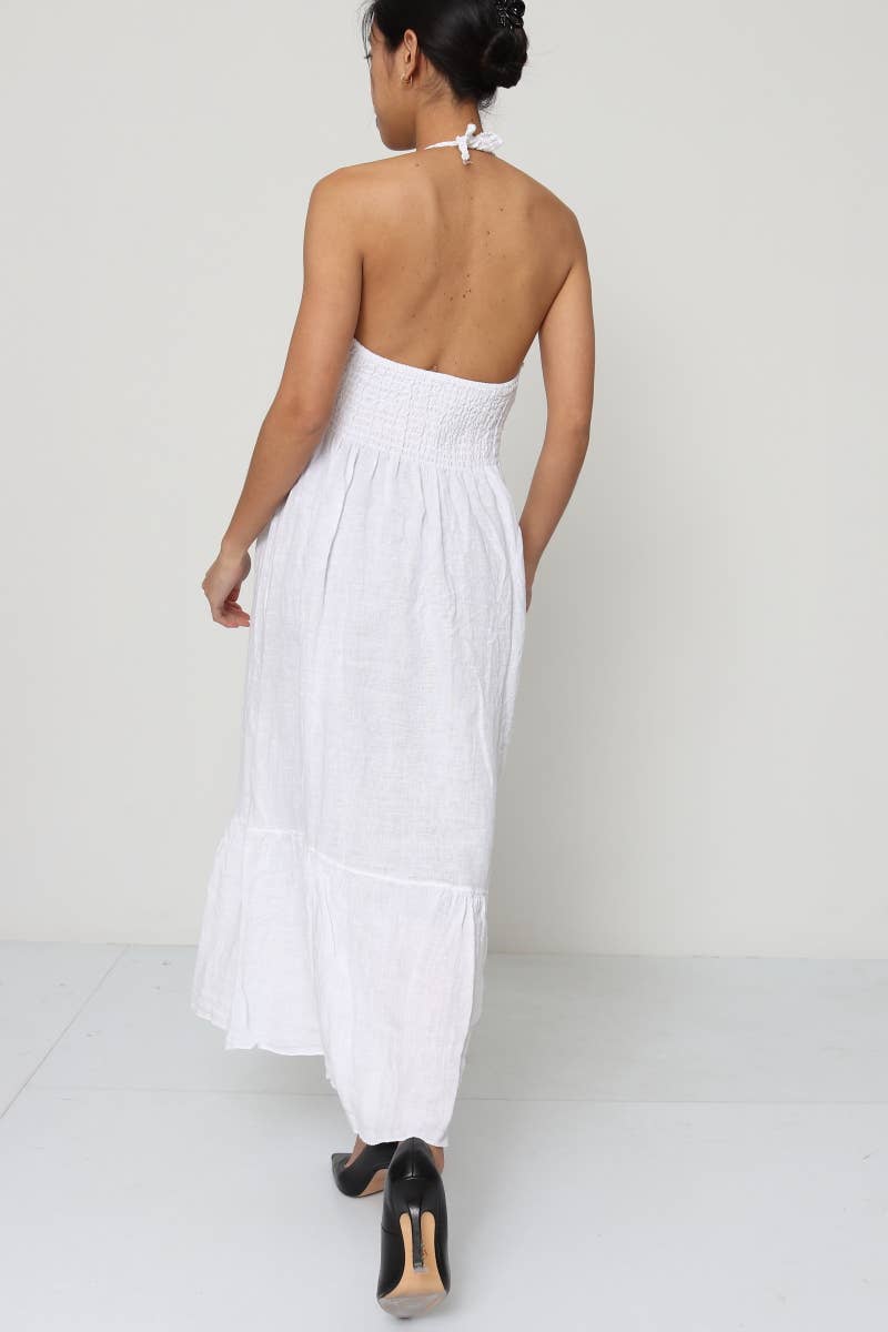 Ärmelloses langes Kleid mit Spitze aus 100 % Leinen Taupe