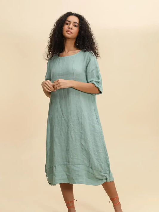 Langärmeliges Kleid mit Rundhalsausschnitt 29135 100% Leinen: Maulwurf