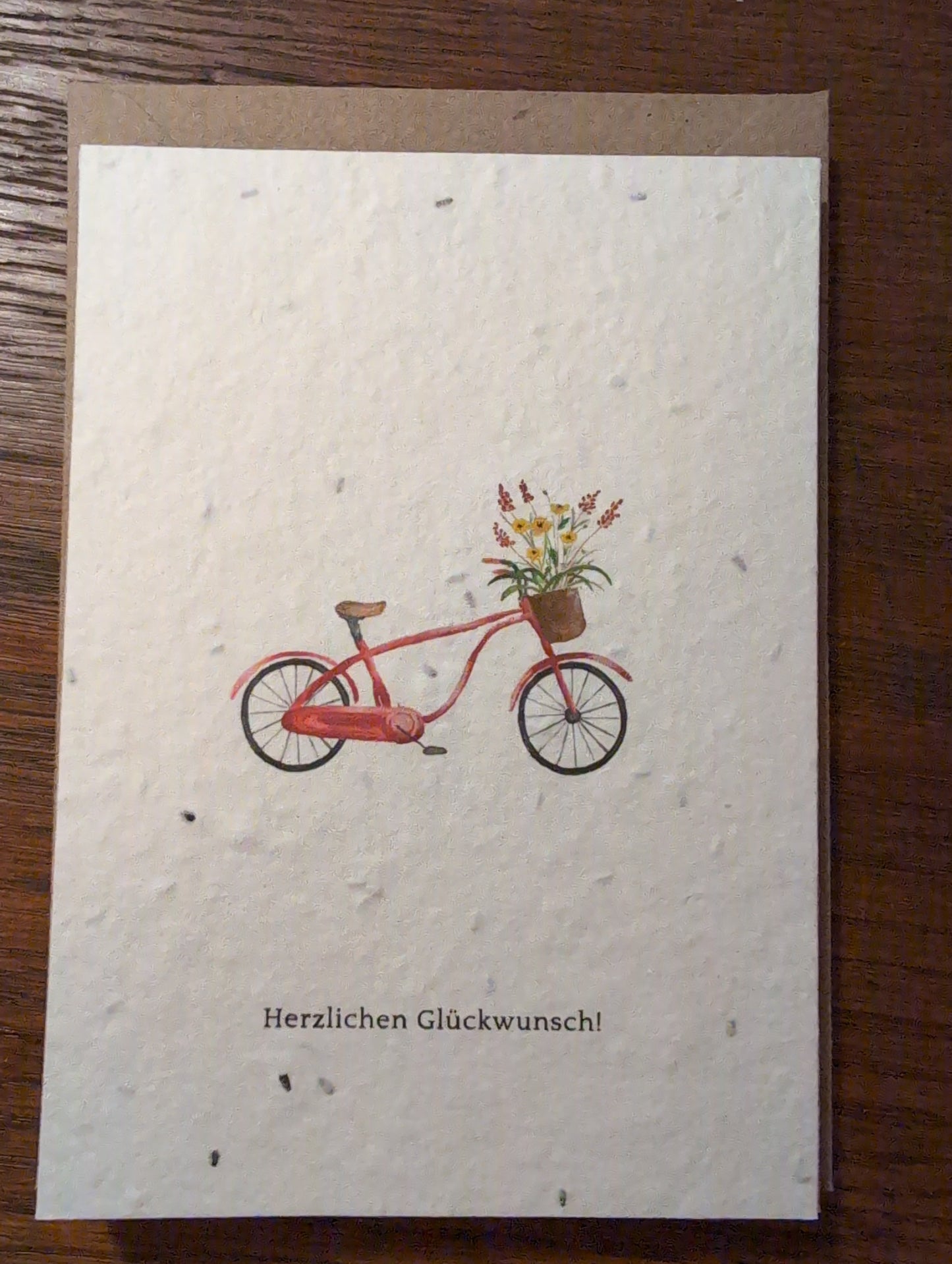 Einpflanzbare Grußkarte mit Umschlag HERZLICHEN GLÜCKWUNSCH! Fahrrad