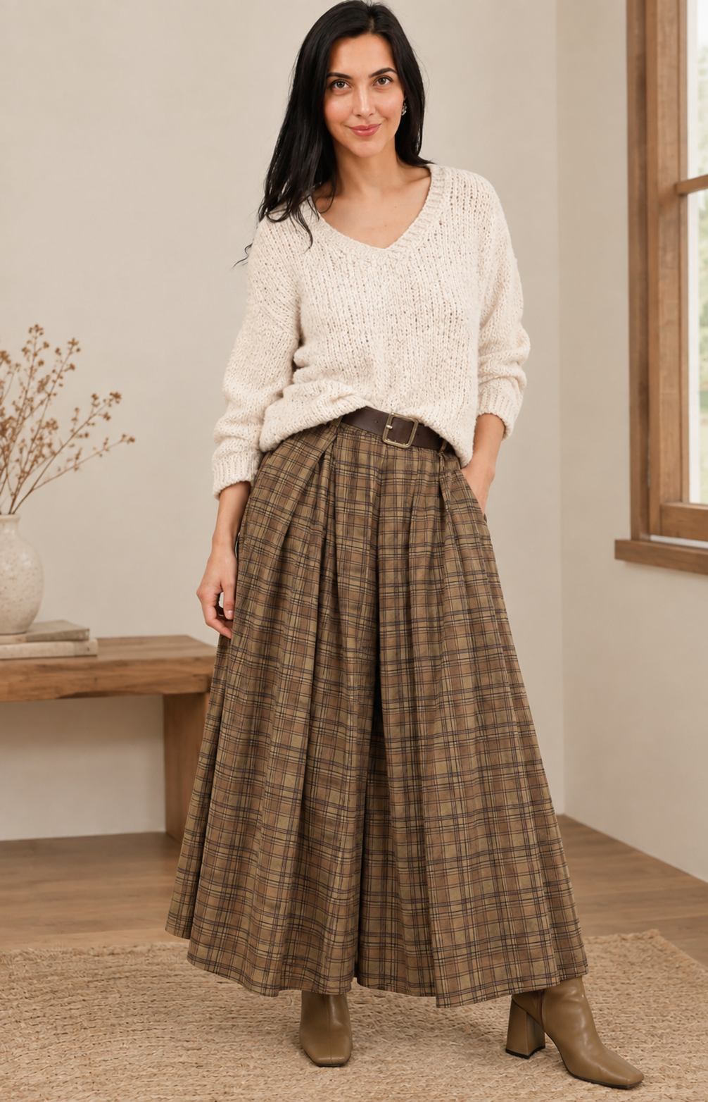 Karohose mit Gürtel 30522 Cordvelours 100% Baumwolle: Tabak