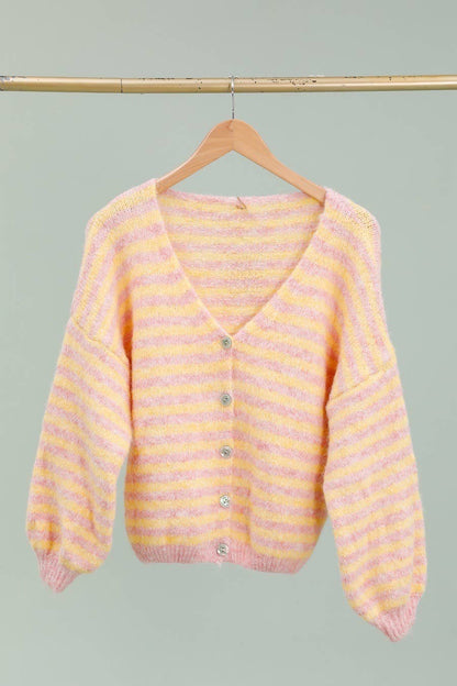 Gestreifte Strickjacke 51062: Rosa / Gelb
