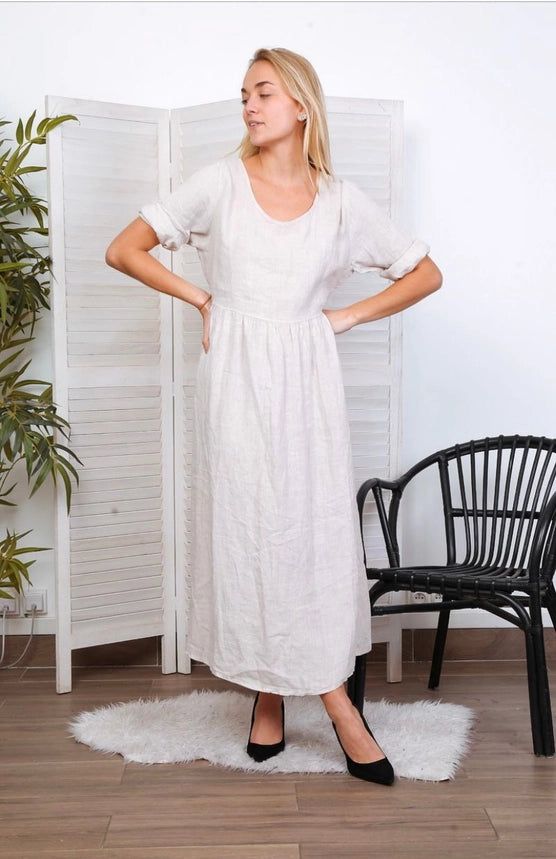 Langes Kleid aus 100 % Leinen Beige 7148