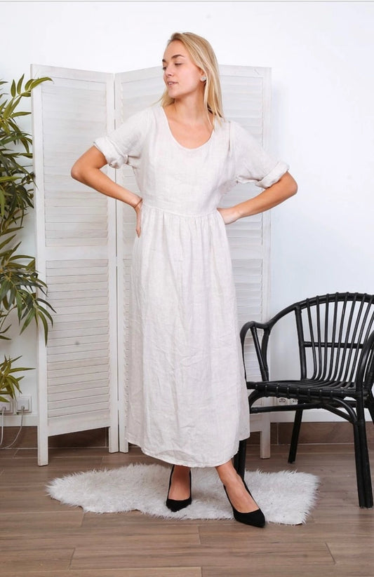 Langes Kleid aus 100 % Leinen Beige 7148