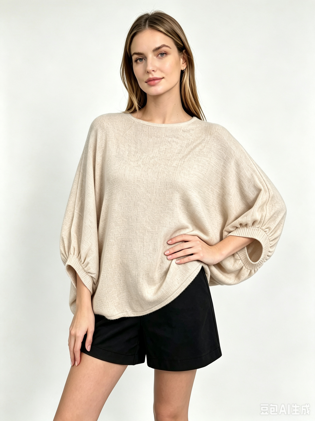 Oversize-Strickpullover mit Fledermausärmeln 22120: Beige