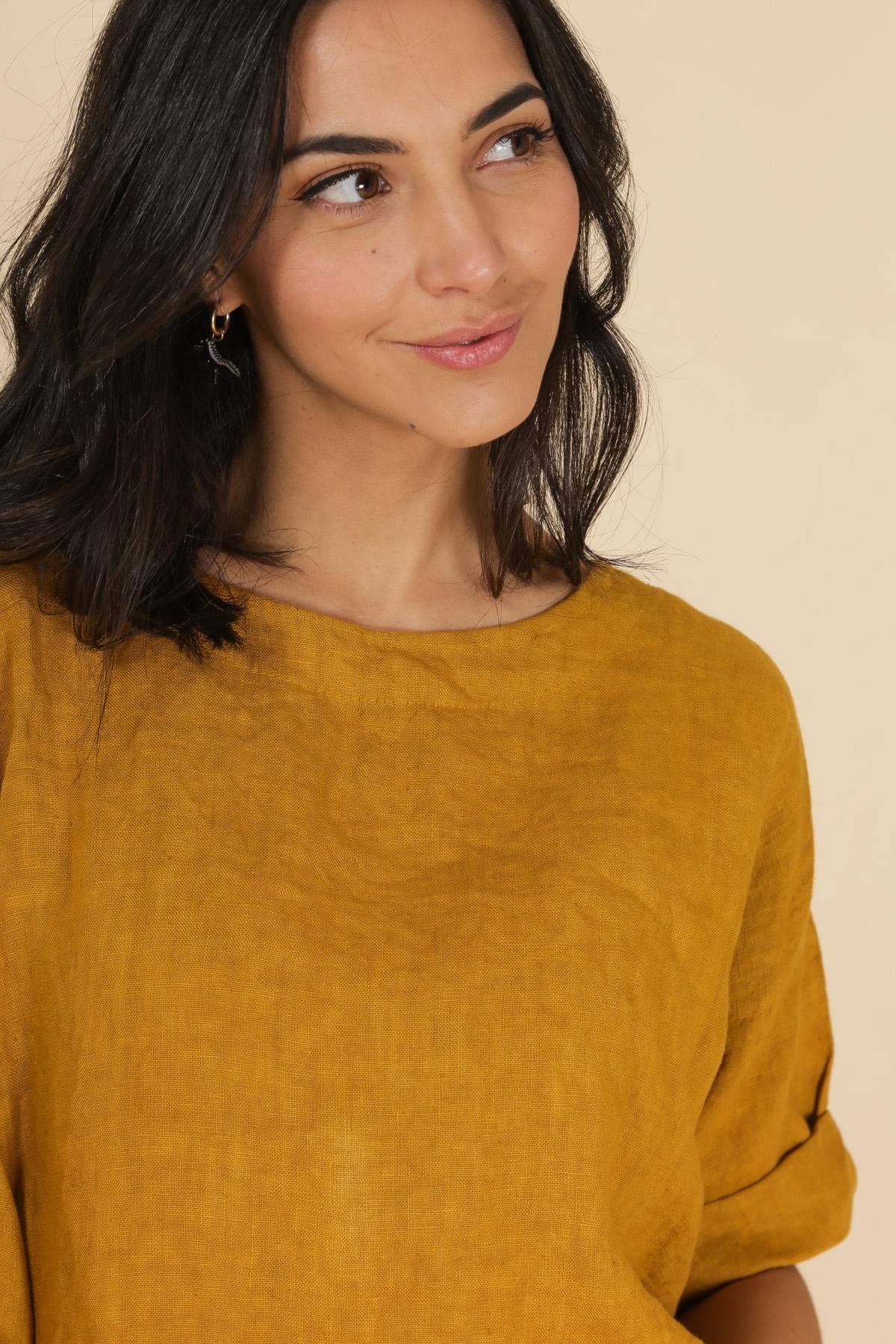 Leinenoberteil mit rundem Ausschnitt 659005, 100 % Leinen: Khaki