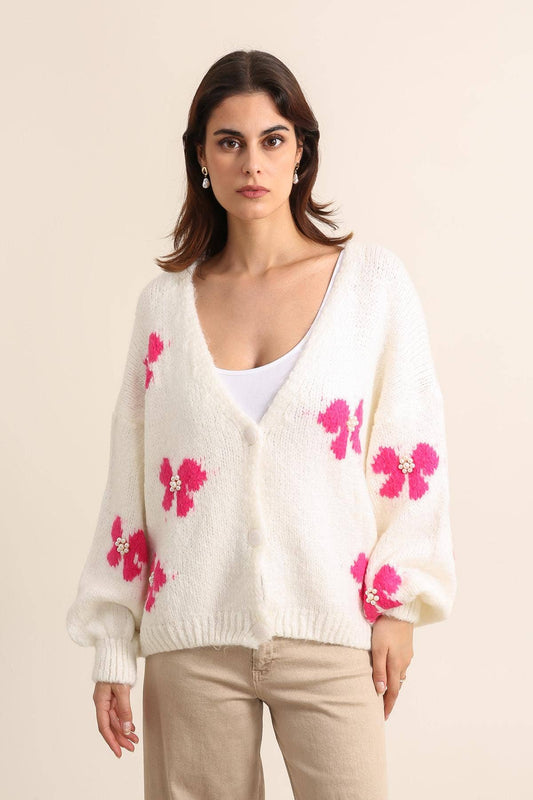 Strickjacke mit Schmetterlingsmuster und Perlenbesatz Weiß