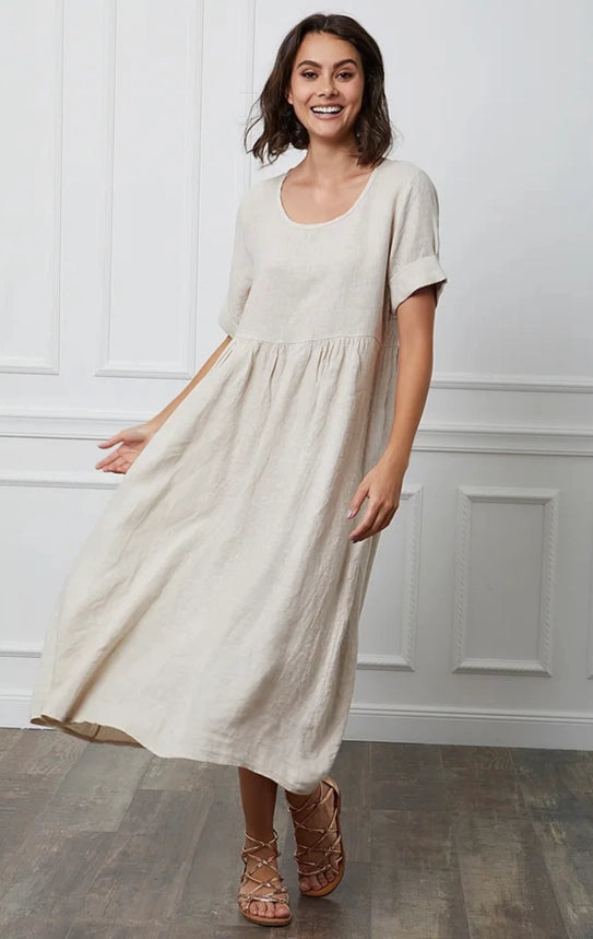 Langes Kleid aus 100 % Leinen Beige 7148