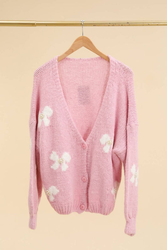 Strickjacke mit Schmetterlingsmuster und Perlenbesatz Rosa