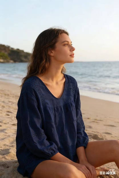 Bluse aus 100 % Leinen 58361: Marineblau