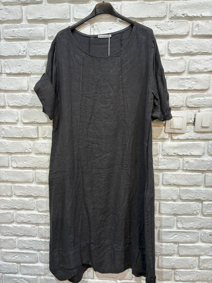 Langärmeliges Kleid mit Rundhalsausschnitt 29135 100%Leinen: Anthrazitgrau