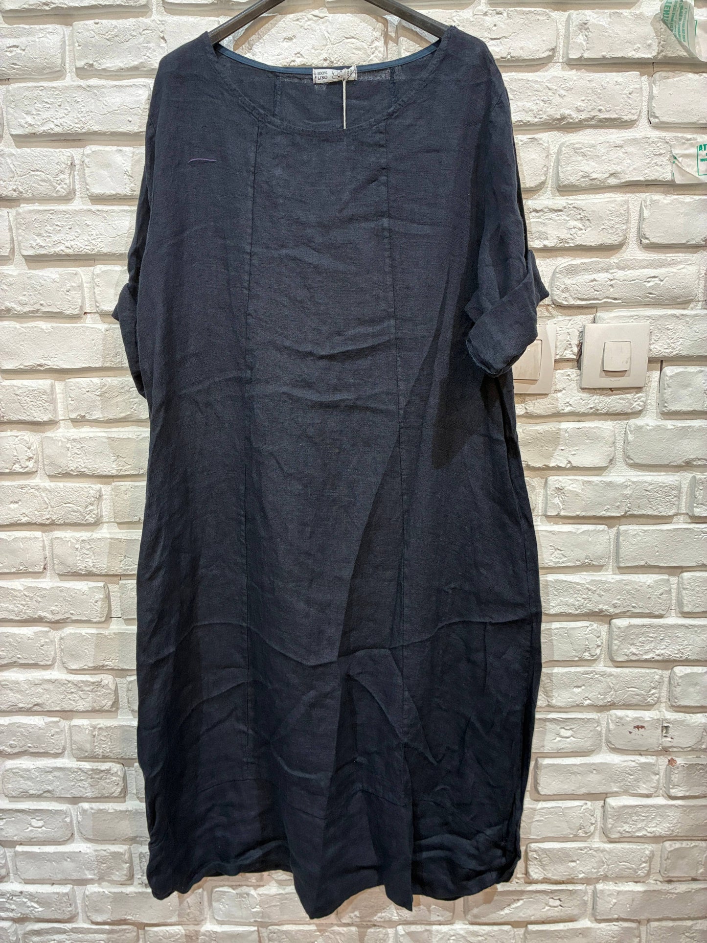 Langärmeliges Kleid mit Rundhalsausschnitt 29135 100%Leinen: MARINE