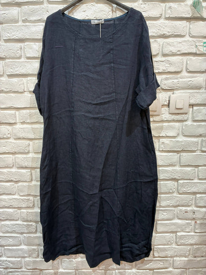Langärmeliges Kleid mit Rundhalsausschnitt 29135 100%Leinen: MARINE