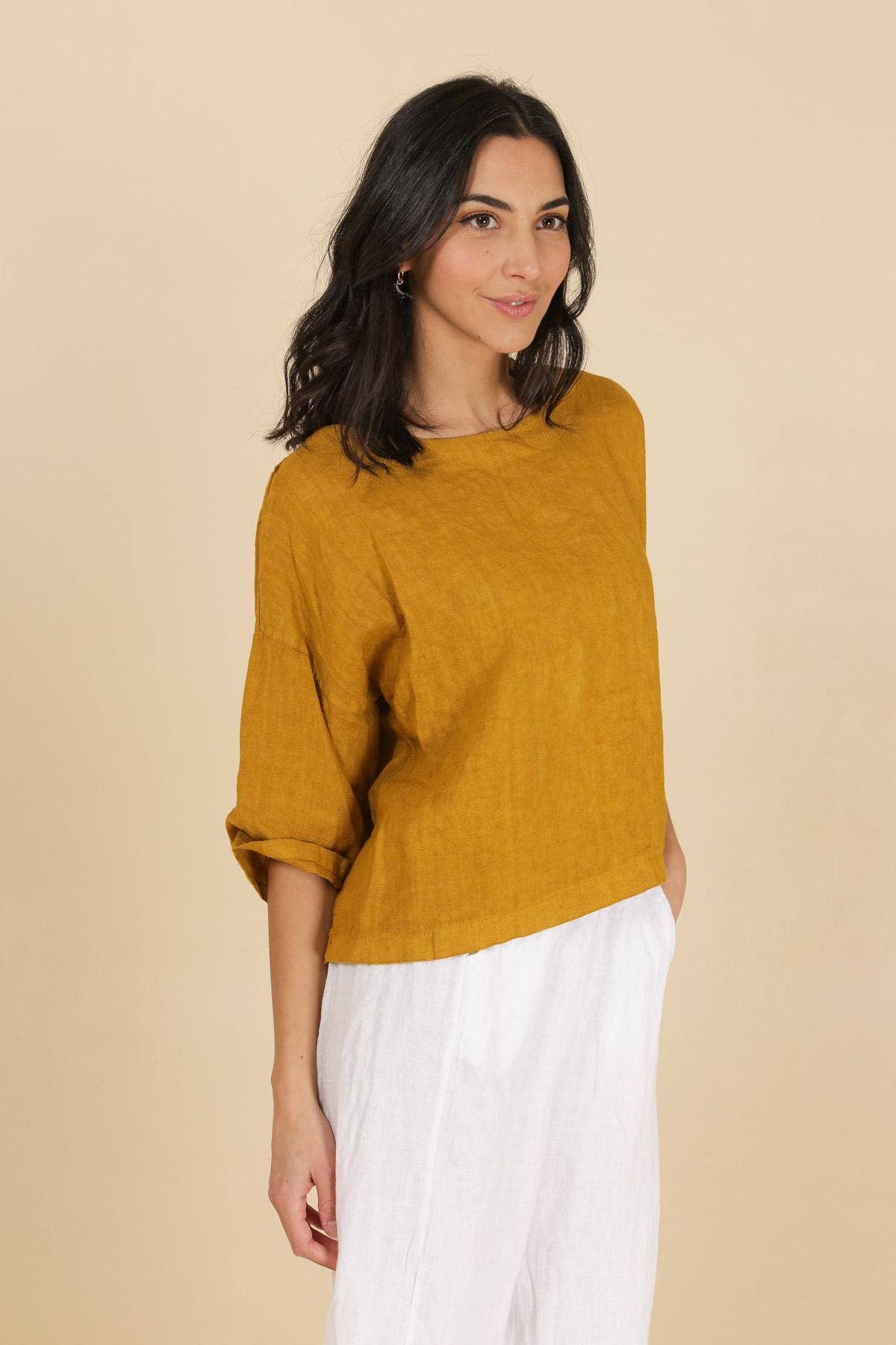 Leinenoberteil mit rundem Ausschnitt 659005, 100 % Leinen: Taupe