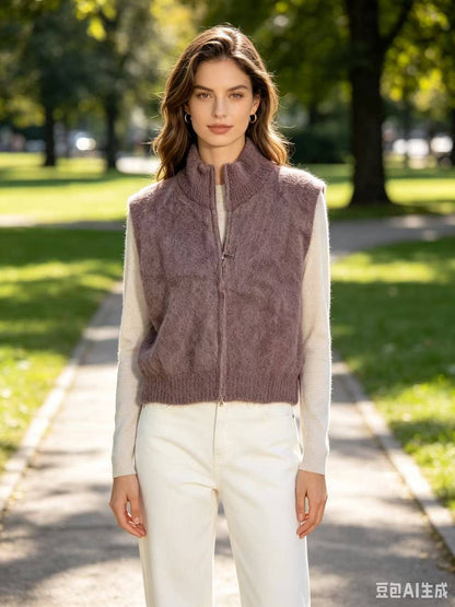 Ärmellose Mohair-Weste mit Reißverschluss REF. 22183: Dunkelviolett