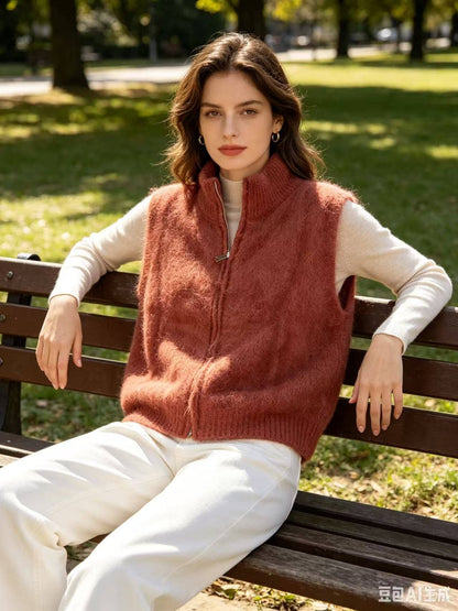 Ärmellose Mohair-Weste mit Reißverschluss REF. 22183: Rost
