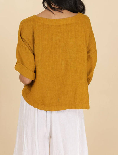 Leinenoberteil mit rundem Ausschnitt 659005, 100 % Leinen: Taupe