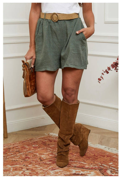 100 % Leinen-Shorts mit Gürtel 5057: Khaki