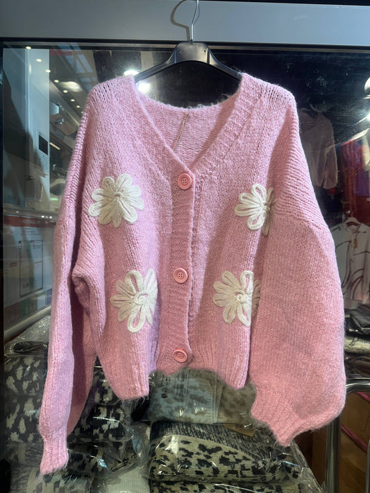 Strickjacke mit V-Ausschnitt und Blumenmuster Rosa