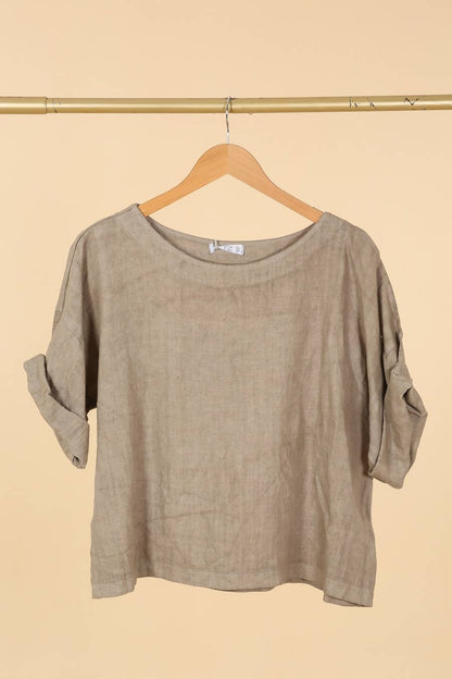 Leinenoberteil mit rundem Ausschnitt 659005, 100 % Leinen: Taupe