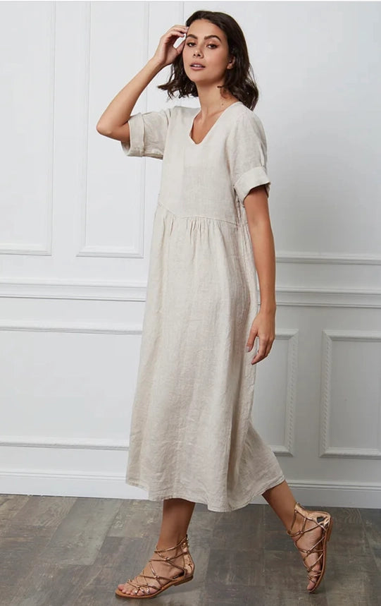Langes Kleid aus 100 % Leinen Beige 7148