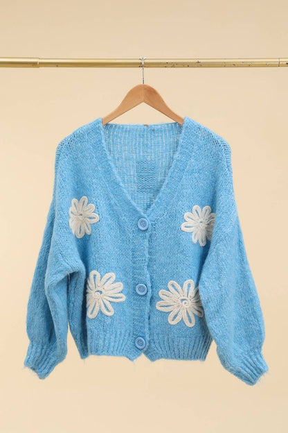Damen-Strickjacke mit V-Ausschnitt und Blumenmuster Türkisblau