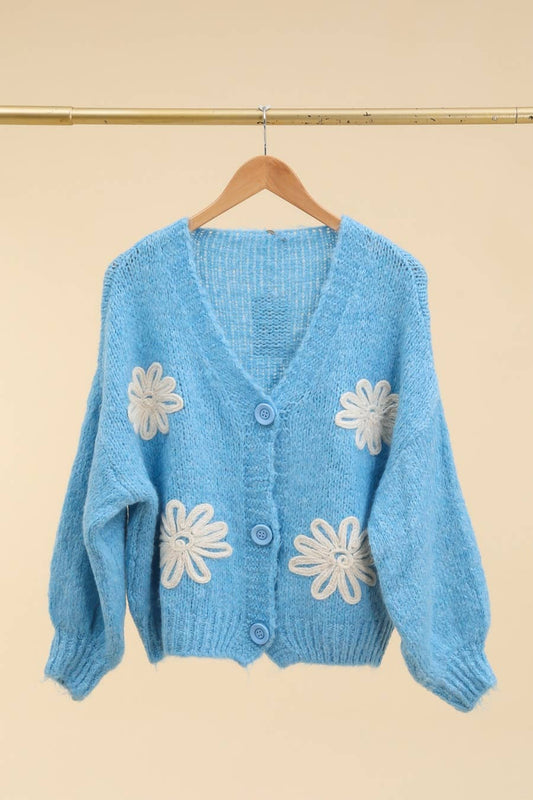 Damen-Strickjacke mit V-Ausschnitt und Blumenmuster Türkisblau