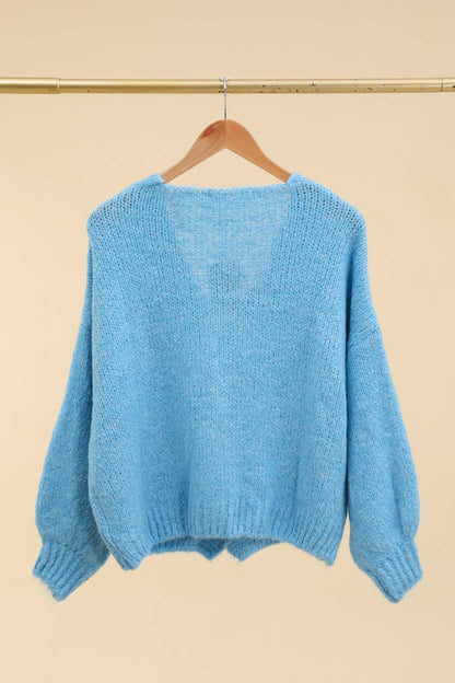 Damen-Strickjacke mit V-Ausschnitt und Blumenmuster Türkisblau