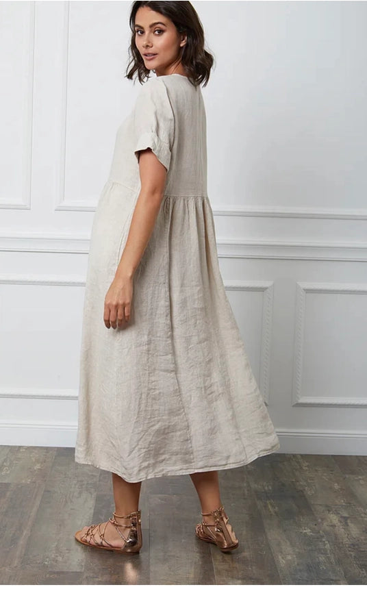 Langes Kleid aus 100 % Leinen Beige 7148