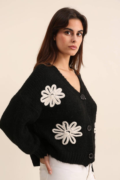 Strickjacke mit V-Ausschnitt und Blumenmuster Rosa