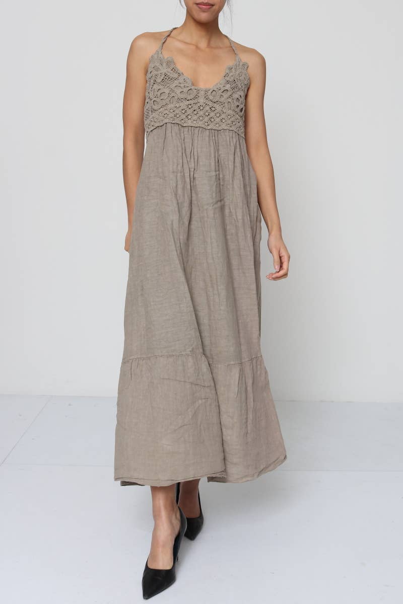 Ärmelloses langes Kleid mit Spitze aus 100 % Leinen Taupe