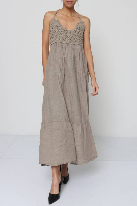 Ärmelloses langes Kleid mit Spitze aus 100 % Leinen Taupe
