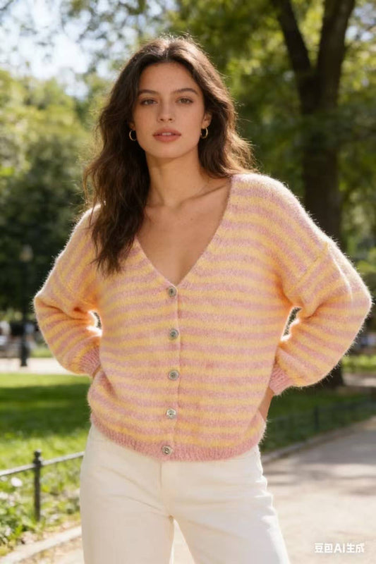 Gestreifte Strickjacke 51062: Rosa / Gelb