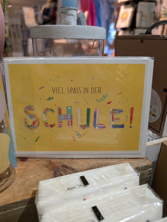 Doppelkarte Schulanfang. Viel Spaß in der Schule gelb