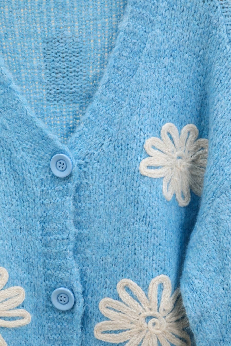 Damen-Strickjacke mit V-Ausschnitt und Blumenmuster Türkisblau