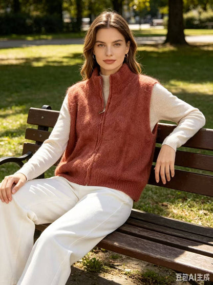 Ärmellose Mohair-Weste mit Reißverschluss REF. 22183: Rost