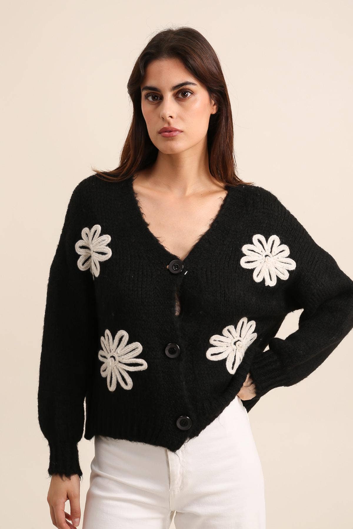 Damen-Strickjacke mit V-Ausschnitt und Blumenmuster Türkisblau