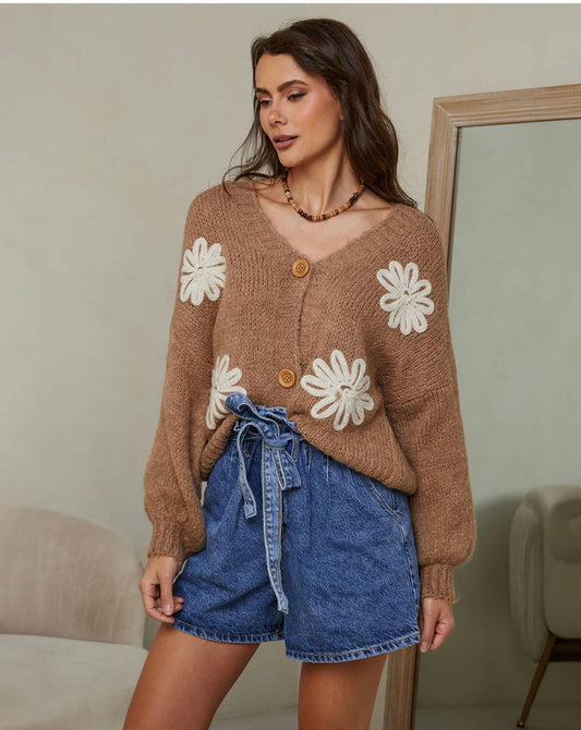 Damen-Strickjacke mit V-Ausschnitt und Blumenmuster Türkisblau