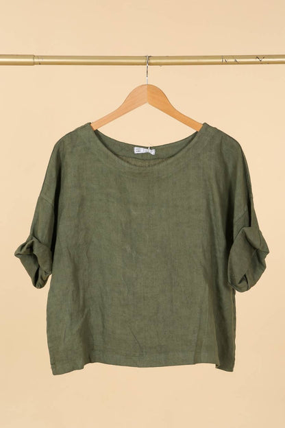 Leinenoberteil mit rundem Ausschnitt 659005, 100 % Leinen: Khaki