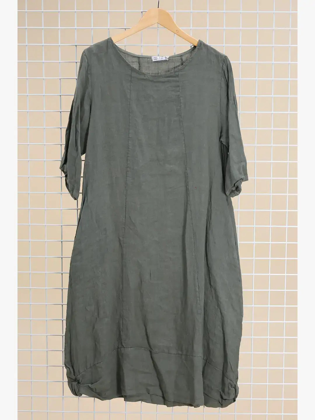 Langärmeliges Kleid mit Rundhalsausschnitt 29135 100% Leinen: Khaki