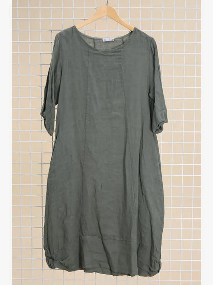 Langärmeliges Kleid mit Rundhalsausschnitt 29135 100% Leinen: Khaki