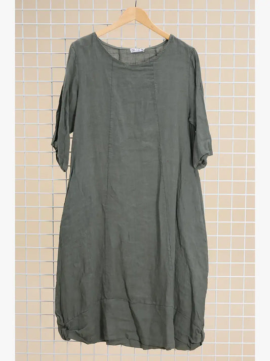 Langärmeliges Kleid mit Rundhalsausschnitt 29135 100% Leinen: Khaki