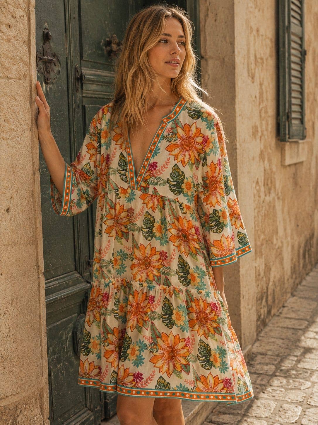 Kurzes Boho-Kleid aus bedruckter Baumwolle mit Sonnenblumenmuster: Orange