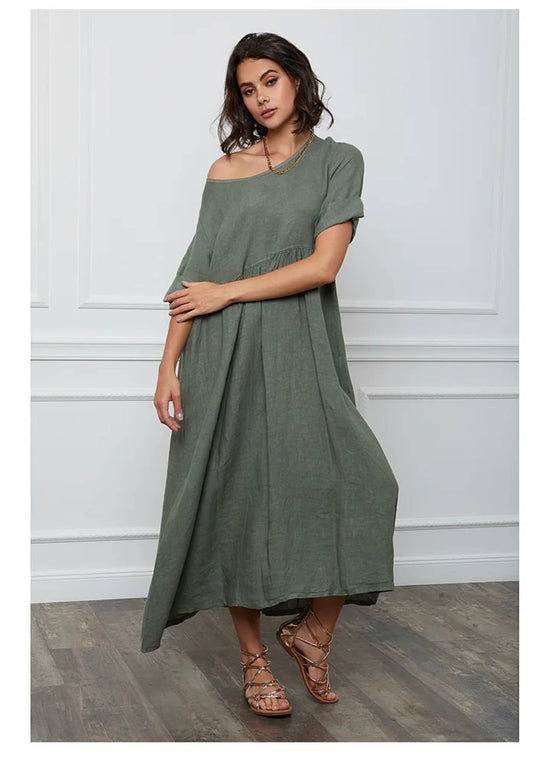 Langes Kleid aus 100 % Leinen Khaki 7148