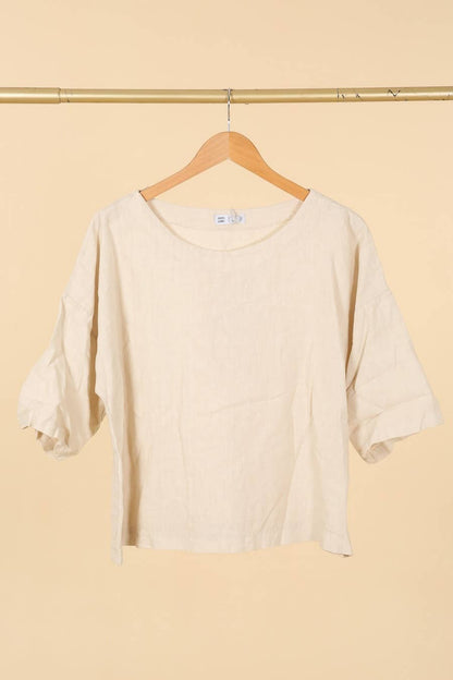 Leinenoberteil mit rundem Ausschnitt 659005, 100 % Leinen: Beige